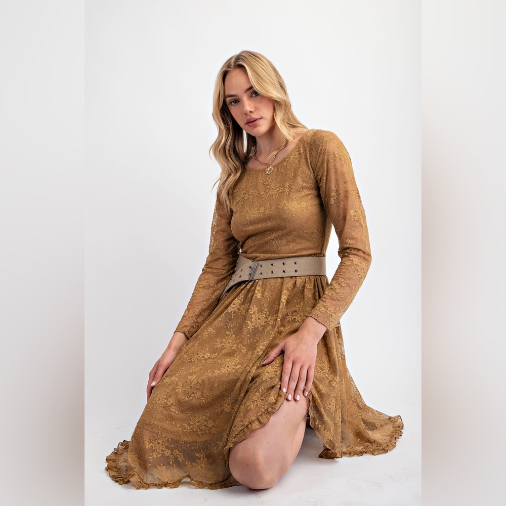 easel Gold Lace Long Sleeve Midi Dress
